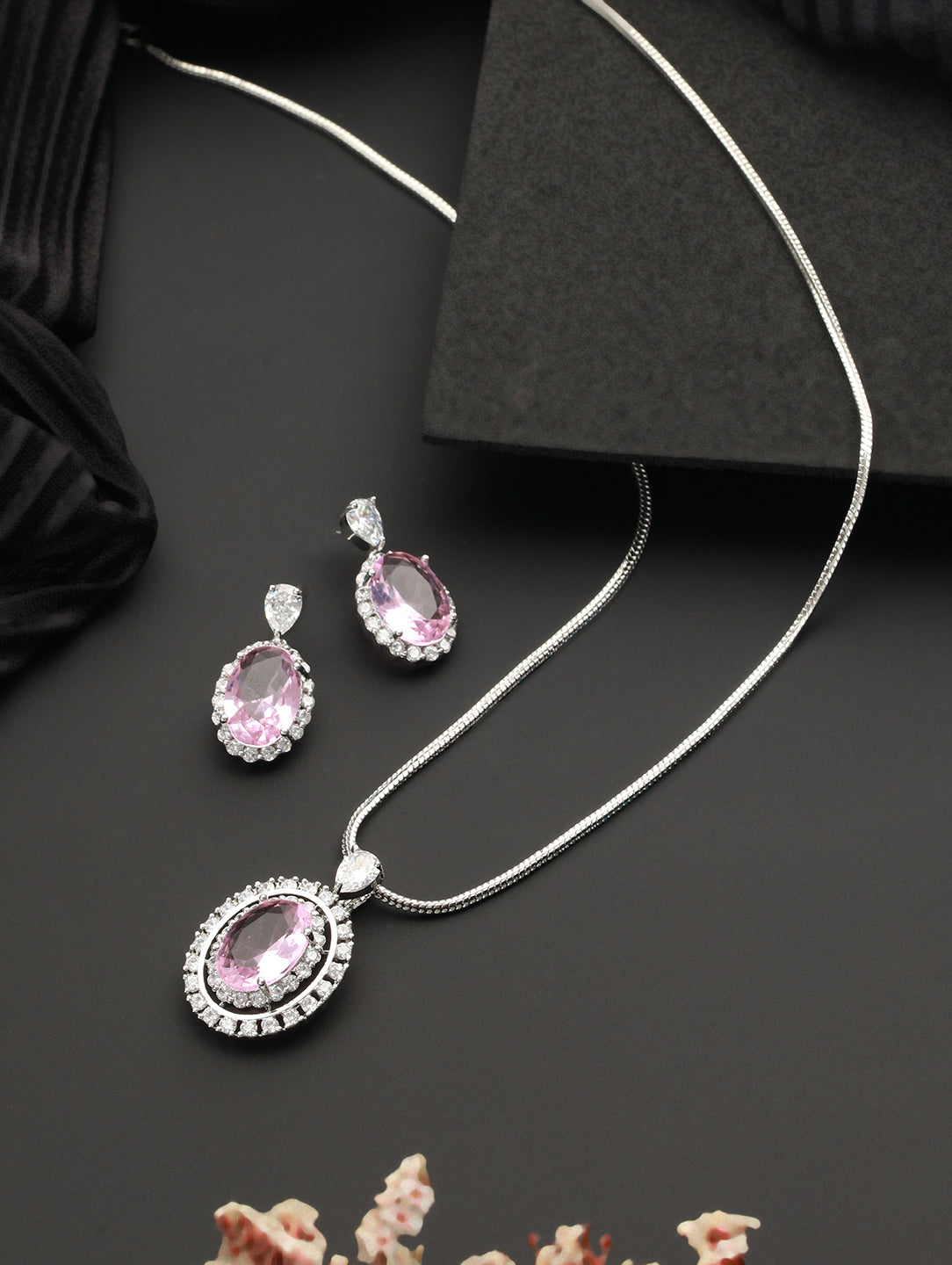 Silver Toned Pink CZ Studded Luxe Minimal Locket Jewellery Set